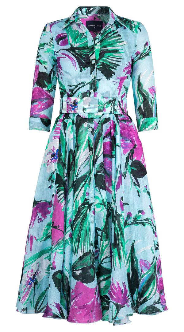samantha sung Aster Dress Shirt Collar 3/4 Sleeve Midi Length Cotton Musola (Mozambique Flower Pastel)