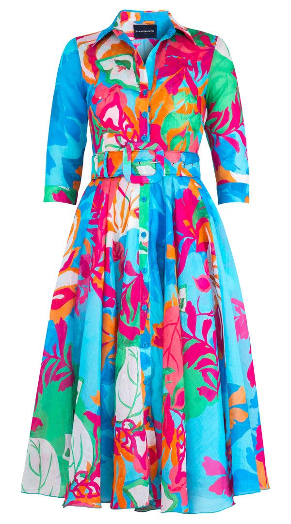 samantha sung Aster Dress Shirt Collar 3/4 Sleeve Midi Length Cotton Musola (Spanish Garden)