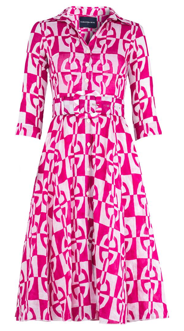 samantha sung Aster Dress Shirt Collar 3/4 Sleeve Midi Length Cotton Musola (Geometric Chain)