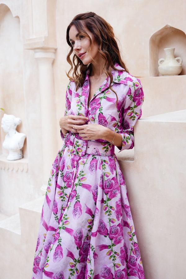 Samantha Sung Aster Dress Shirt Collar 3/4 Sleeve Midi Length Cotton Musola (Fox Glove Flower Small Pastel)