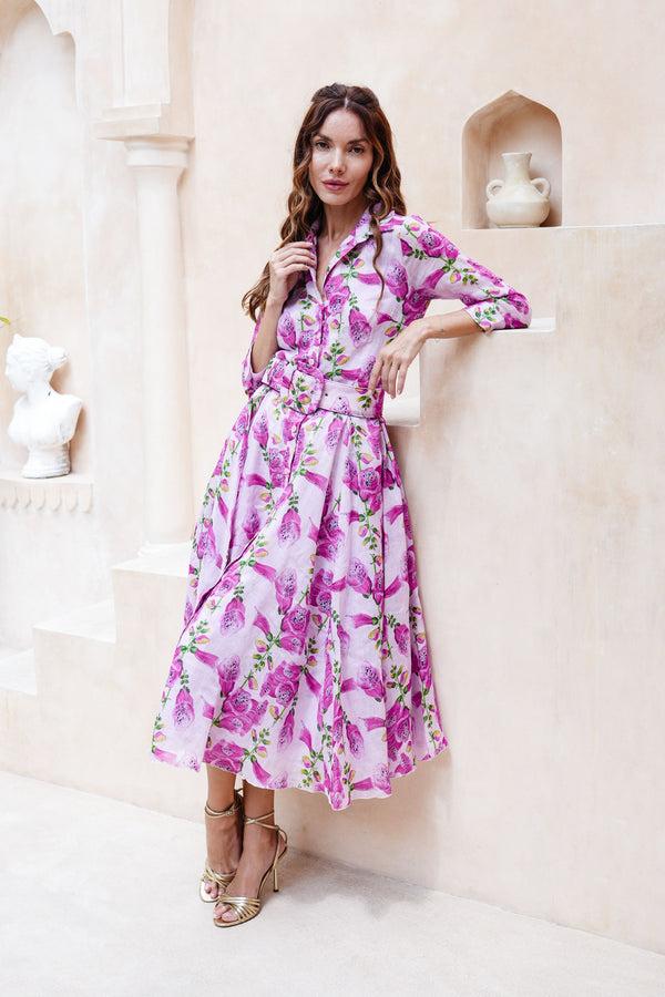 Samantha Sung Aster Dress Shirt Collar 3/4 Sleeve Midi Length Cotton Musola (Fox Glove Flower Small Pastel)