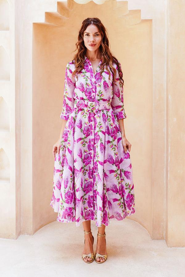 Samantha Sung Aster Dress Shirt Collar 3/4 Sleeve Midi Length Cotton Musola (Fox Glove Flower Small Pastel)