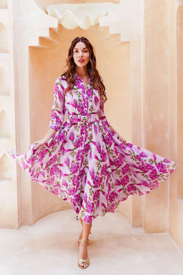 samantha sung Aster Dress Shirt Collar 3/4 Sleeve Midi Length Cotton Musola (Fox Glove Flower Small Pastel)