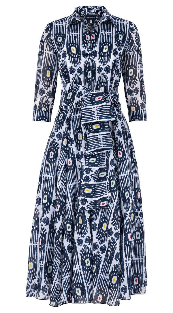 Samantha Sung Aster Dress Shirt Collar 3/4 Sleeve Midi Length Cotton Musola (Ikat Gap)