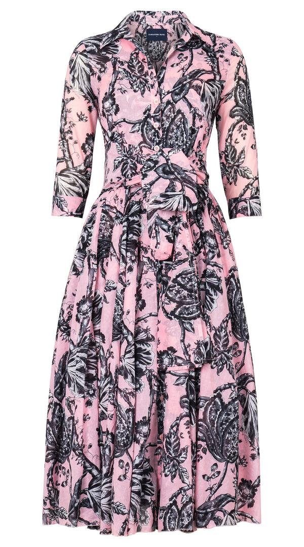 Samantha Sung Aster Dress Shirt Collar 3/4 Sleeve Midi Length Cotton Musola (Lillie Toile Black)