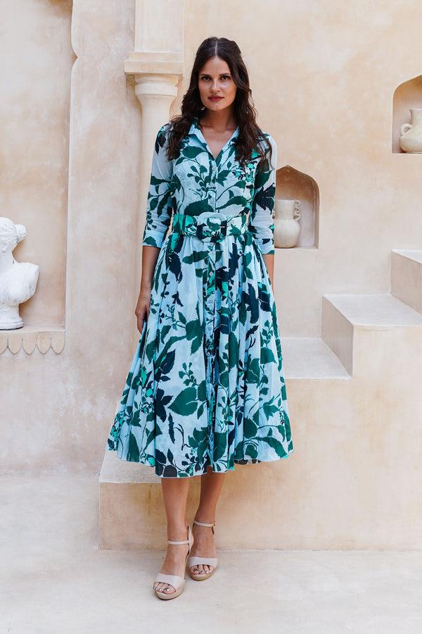 samantha sung Aster Dress Shirt Collar 3/4 Sleeve Midi Length Cotton Musola (Genova Mono Flower Pastel)