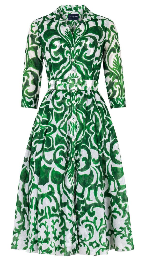 Samantha Sung Aster Dress Shirt Collar 3/4 Sleeve Midi Length Cotton Musola (Maiolica Blue Tile Small)