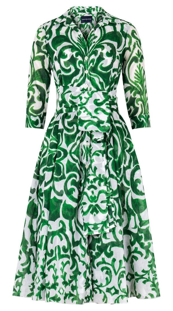 Samantha Sung Aster Dress Shirt Collar 3/4 Sleeve Midi Length Cotton Musola (Maiolica Blue Tile Small)