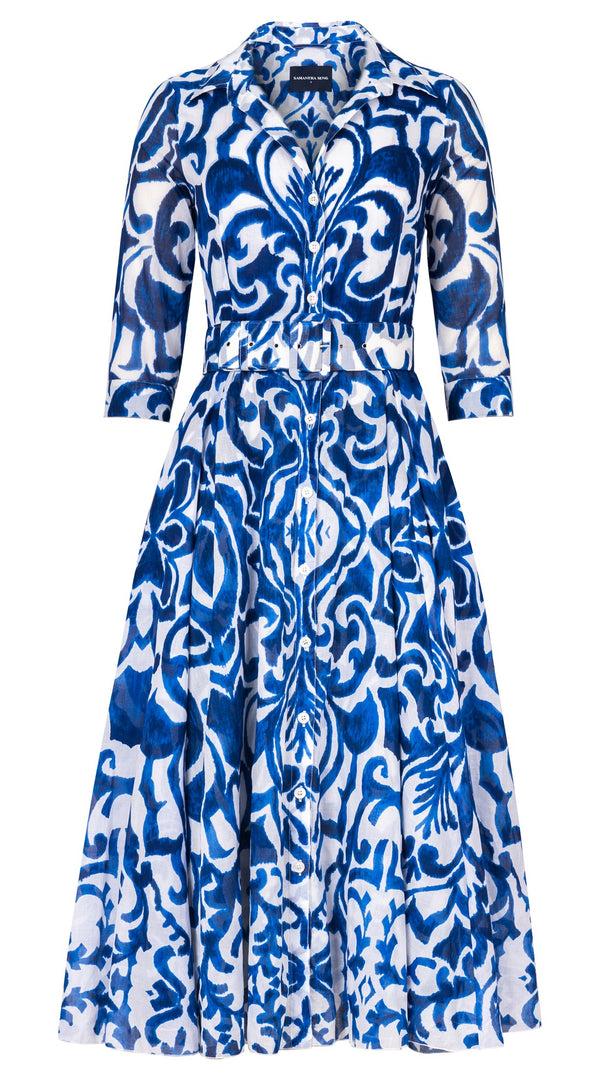 samantha sung Aster Dress Shirt Collar 3/4 Sleeve Midi Length Cotton Musola (Maiolica Blue Tile Small)