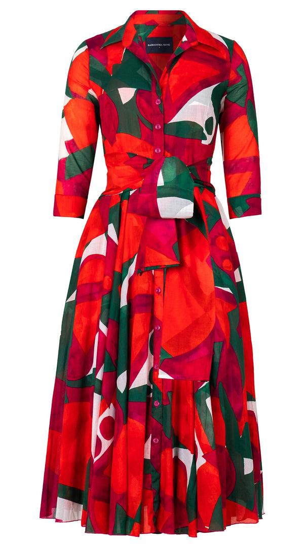 Samantha Sung Aster Dress Shirt Collar 3/4 Sleeve Midi Length Cotton Musola (Morello Graphic Bright)