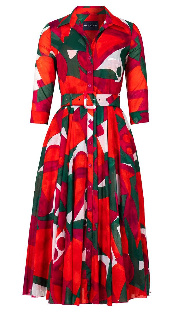 samantha sung Aster Dress Shirt Collar 3/4 Sleeve Midi Length Cotton Musola (Morello Graphic Bright)