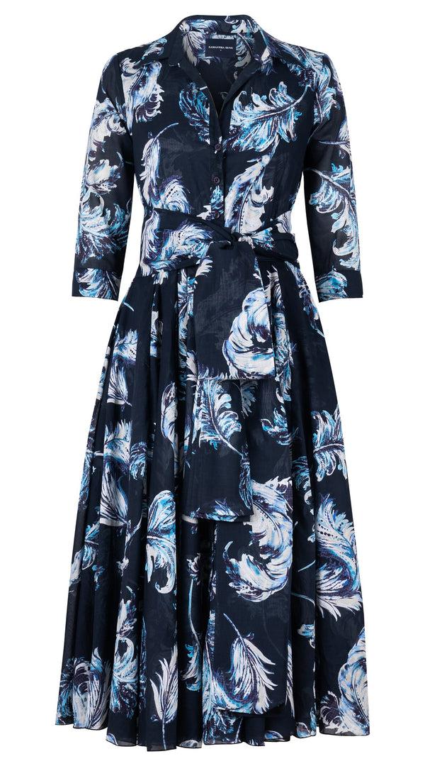 Samantha Sung Aster Dress Shirt Collar 3/4 Sleeve Midi Length Cotton Musola (Feather Lightness Dark)