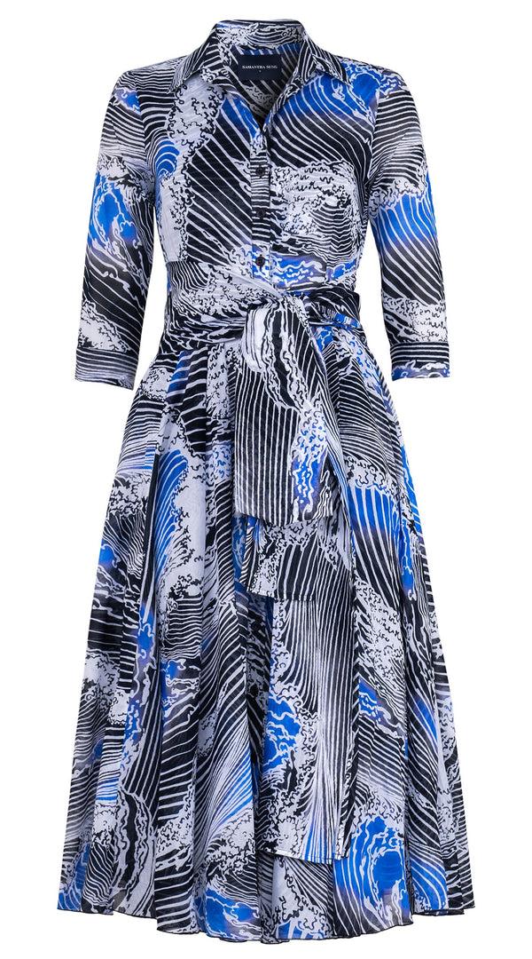 Samantha Sung Aster Dress Shirt Collar 3/4 Sleeve Midi Length Cotton Musola (Pacific Wave)