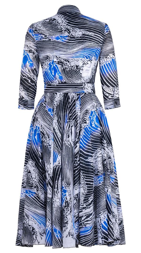 Samantha Sung Aster Dress Shirt Collar 3/4 Sleeve Midi Length Cotton Musola (Pacific Wave)