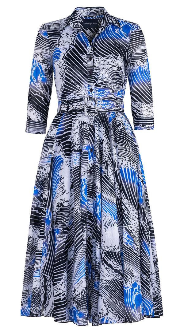 samantha sung Aster Dress Shirt Collar 3/4 Sleeve Midi Length Cotton Musola (Pacific Wave)