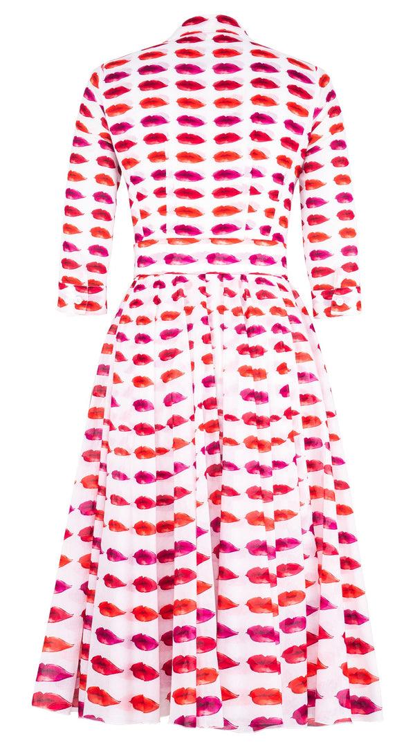 Samantha Sung Aster Dress Shirt Collar 3/4 Sleeve Midi Length Cotton Musola (Watercolor Lips)