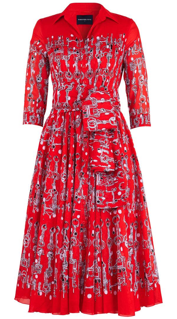 Samantha Sung Aster Dress Shirt Collar 3/4 Sleeve Midi Length Cotton Musola (Horse Chain)