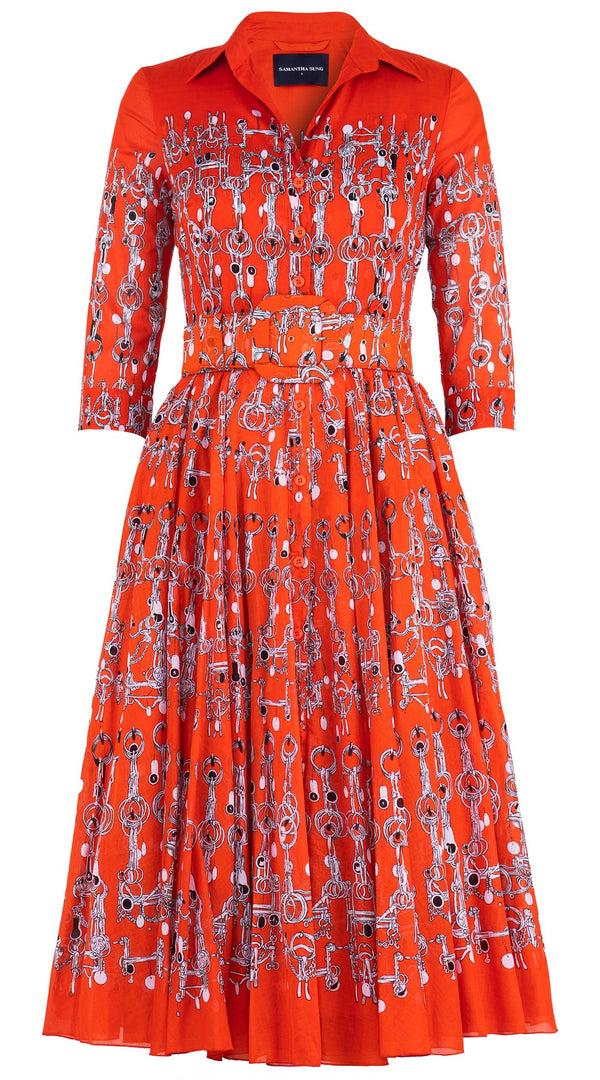 samantha sung Aster Dress Shirt Collar 3/4 Sleeve Midi Length Cotton Musola (Horse Chain)