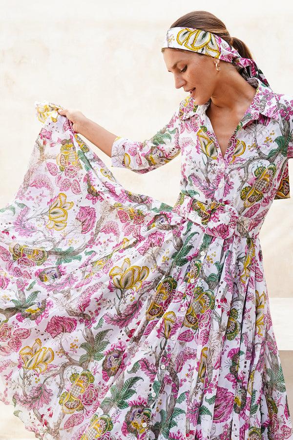 Samantha Sung Aster Dress Shirt Collar 3/4 Sleeve Midi Length Cotton Musola (Darts Hill Garden)