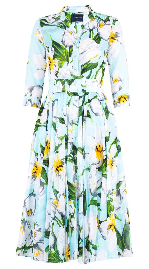Samantha Sung Aster Dress Shirt Collar 3/4 Sleeve Midi Length Cotton Musola (Emperor Tulip Pastel)