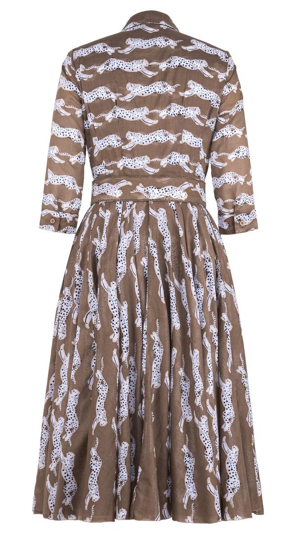 Samantha Sung Aster Dress Shirt Collar 3/4 Sleeve Midi Length Cotton Musola (Leaping Tiger)