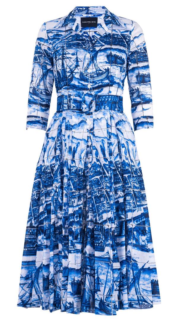 samantha sung Aster Dress Shirt Collar 3/4 Sleeve Midi Length Cotton Musola (Azulejo All Over)