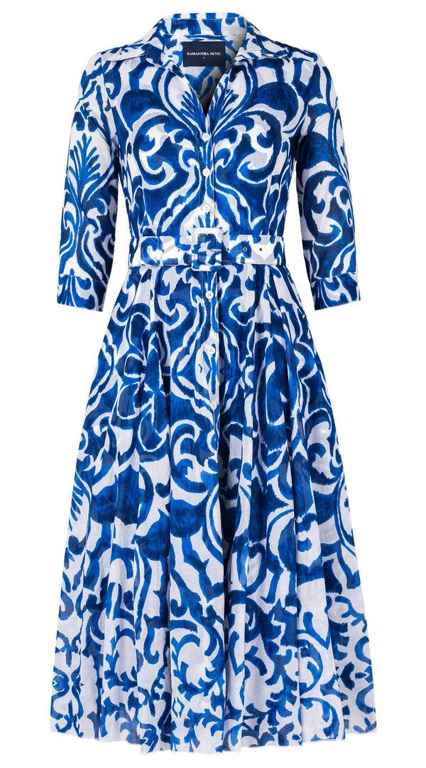 samantha sung Aster Dress Shirt Collar 3/4 Sleeve Midi Length Cotton Musola (Maiolica Blue Tile Small)