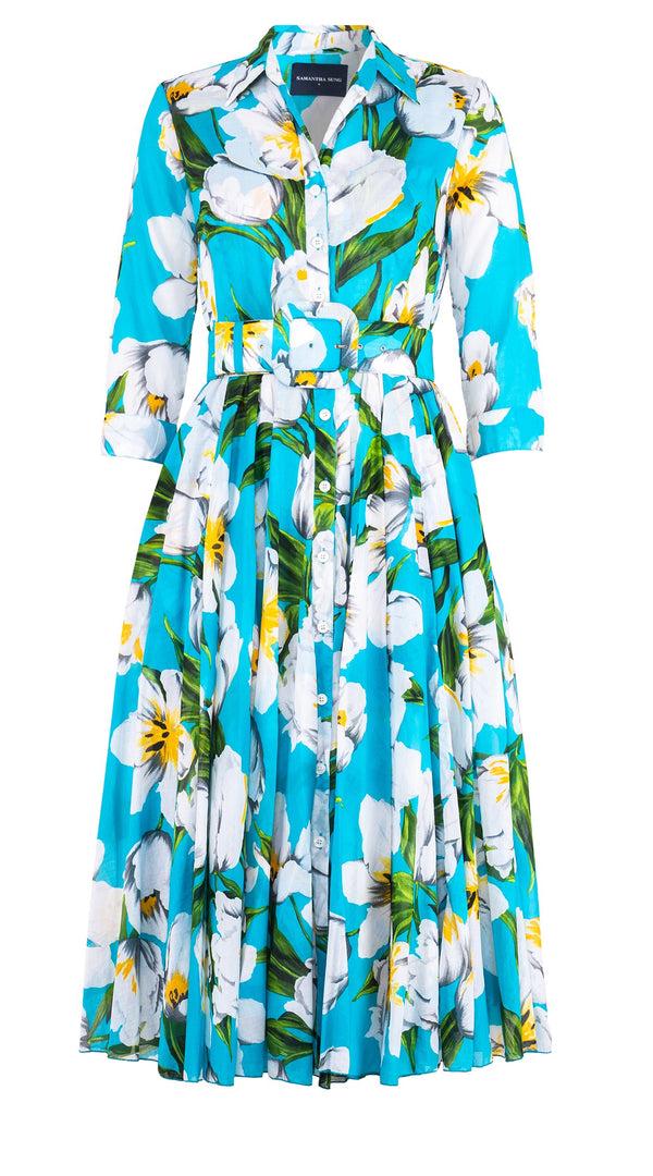 Samantha Sung Aster Dress Shirt Collar 3/4 Sleeve Midi Length Cotton Musola (Emperor Tulip Bright)