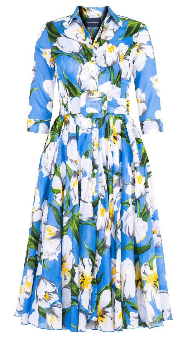 samantha sung Aster Dress Shirt Collar 3/4 Sleeve Midi Length Cotton Musola (Emperor Tulip Bright)