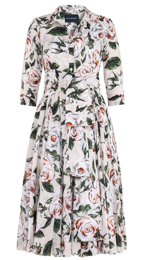 Samantha Sung Aster Dress Shirt Collar 3/4 Sleeve Midi Length Cotton Musola (White Rose Bright)