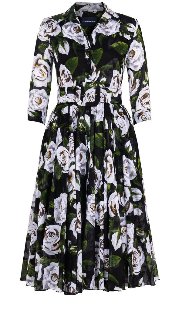 Samantha Sung Aster Dress Shirt Collar 3/4 Sleeve Midi Length Cotton Musola (White Rose Bright)