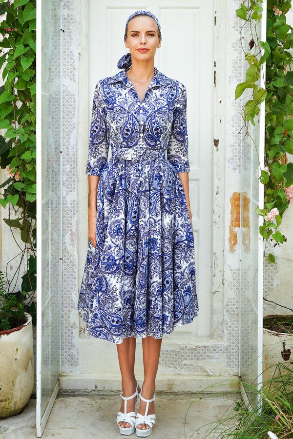 samantha sung Aster Dress Shirt Collar 3/4 Sleeve Midi Length Cotton Musola (Russian Paisley)