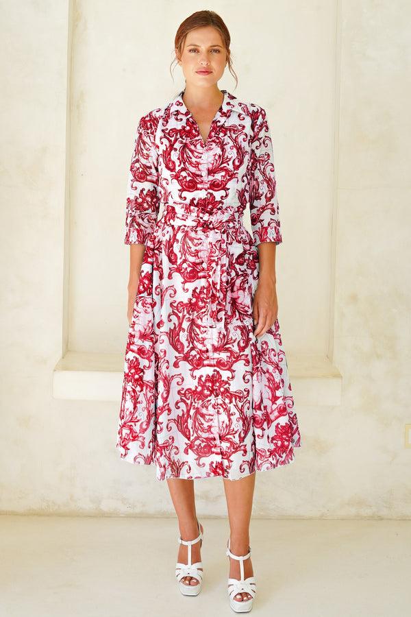 Samantha Sung Aster Dress Shirt Collar 3/4 Sleeve Midi Length Cotton Musola (Cherub Tile)