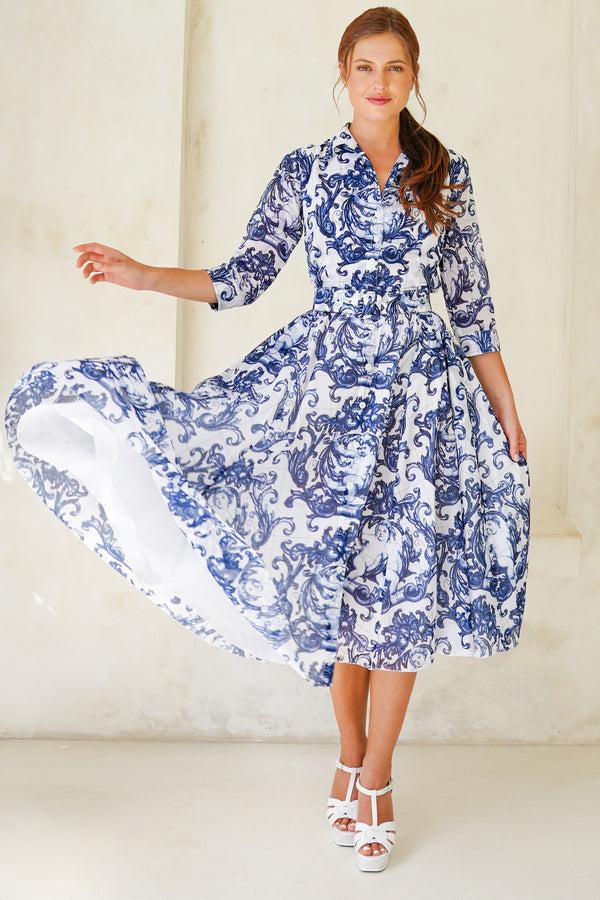 Samantha Sung Aster Dress Shirt Collar 3/4 Sleeve Midi Length Cotton Musola (Cherub Tile)