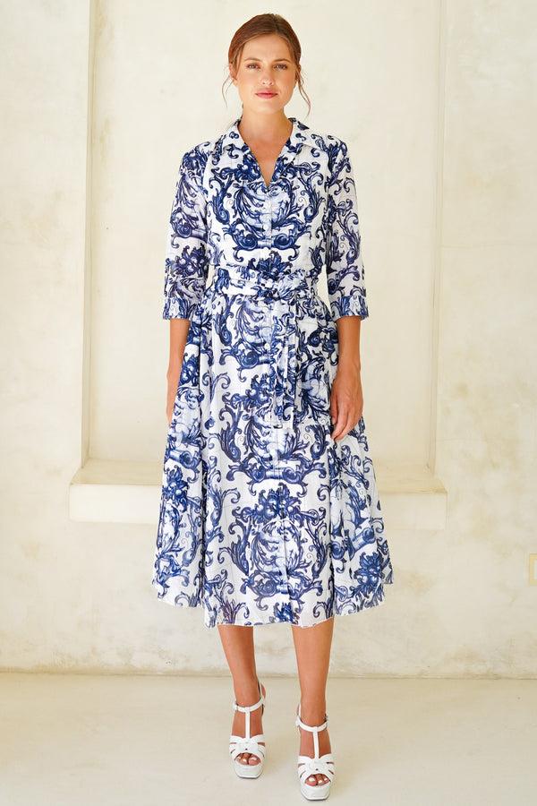 samantha sung Aster Dress Shirt Collar 3/4 Sleeve Midi Length Cotton Musola (Cherub Tile)