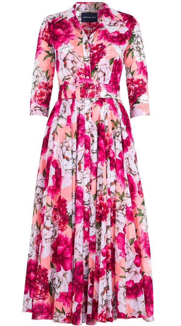 Samantha Sung Aster Dress Shirt Collar 3/4 Sleeve Midi Length Cotton Musola (Blue Peony Pastel)