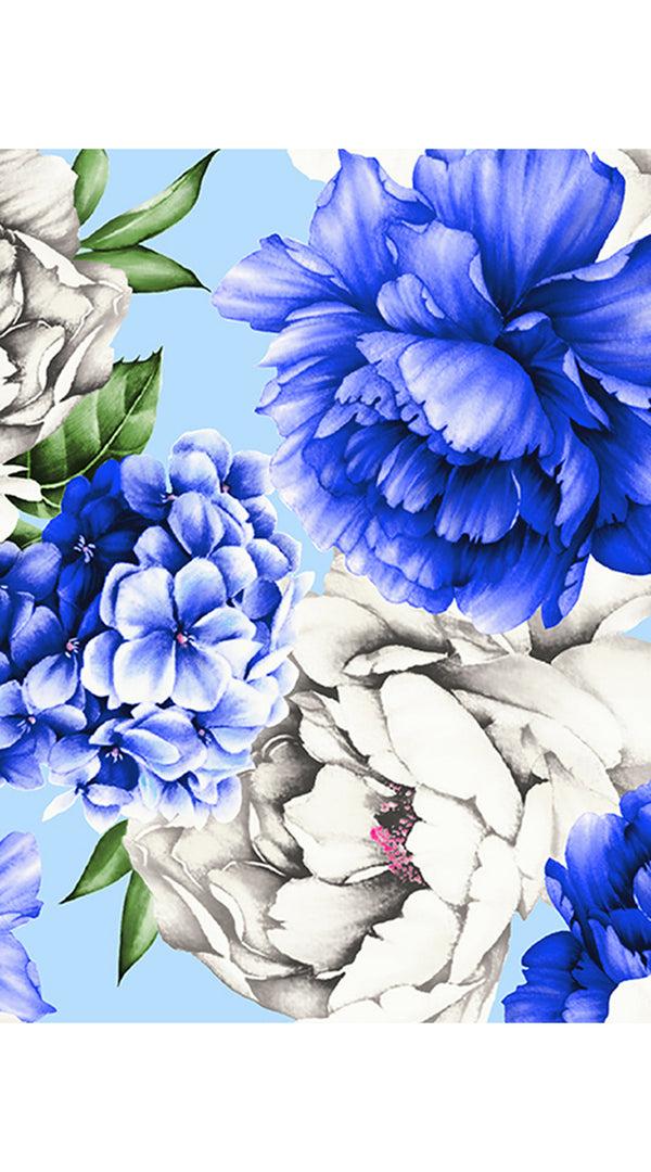 Samantha Sung Aster Dress Shirt Collar 3/4 Sleeve Midi Length Cotton Musola (Blue Peony Pastel)