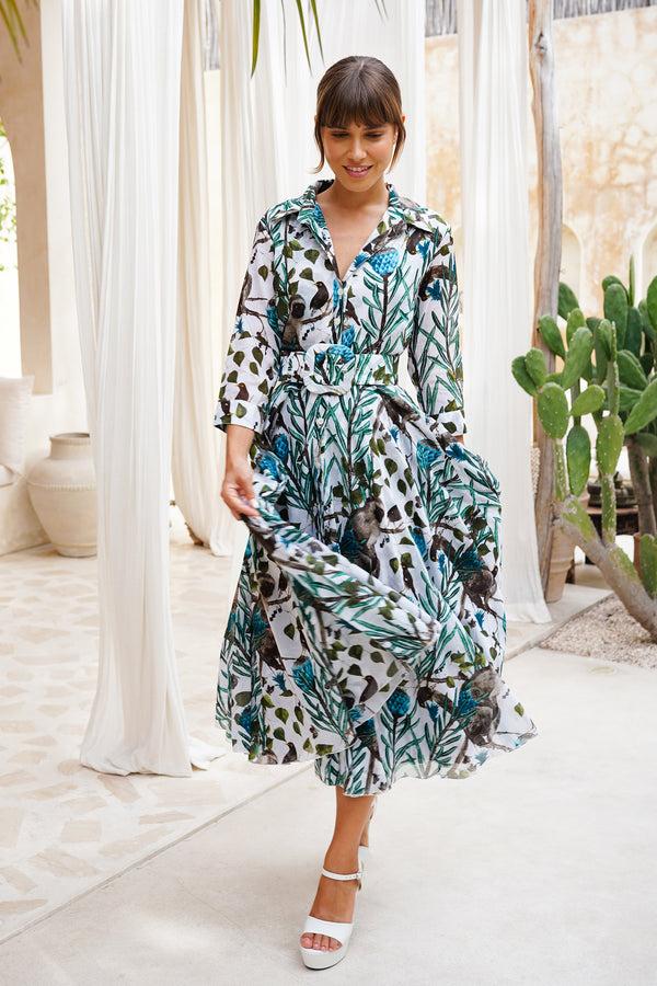 samantha sung Aster Dress Shirt Collar 3/4 Sleeve Midi Length Cotton Musola (Eastern Monkey White)