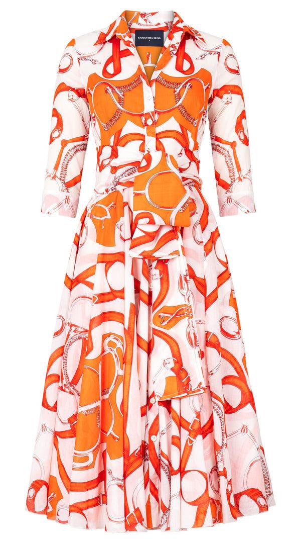 Samantha Sung Aster Dress Shirt Collar 3/4 Sleeve Midi Length Cotton Musola (Secretariat Horse White Bright)