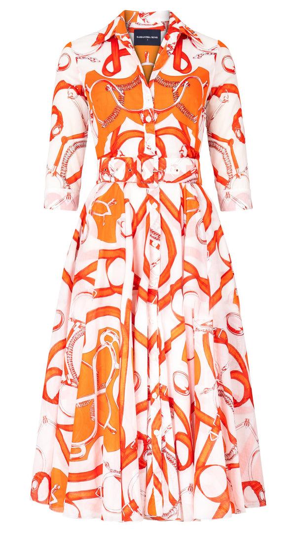 samantha sung Aster Dress Shirt Collar 3/4 Sleeve Midi Length Cotton Musola (Secretariat Horse White Bright)