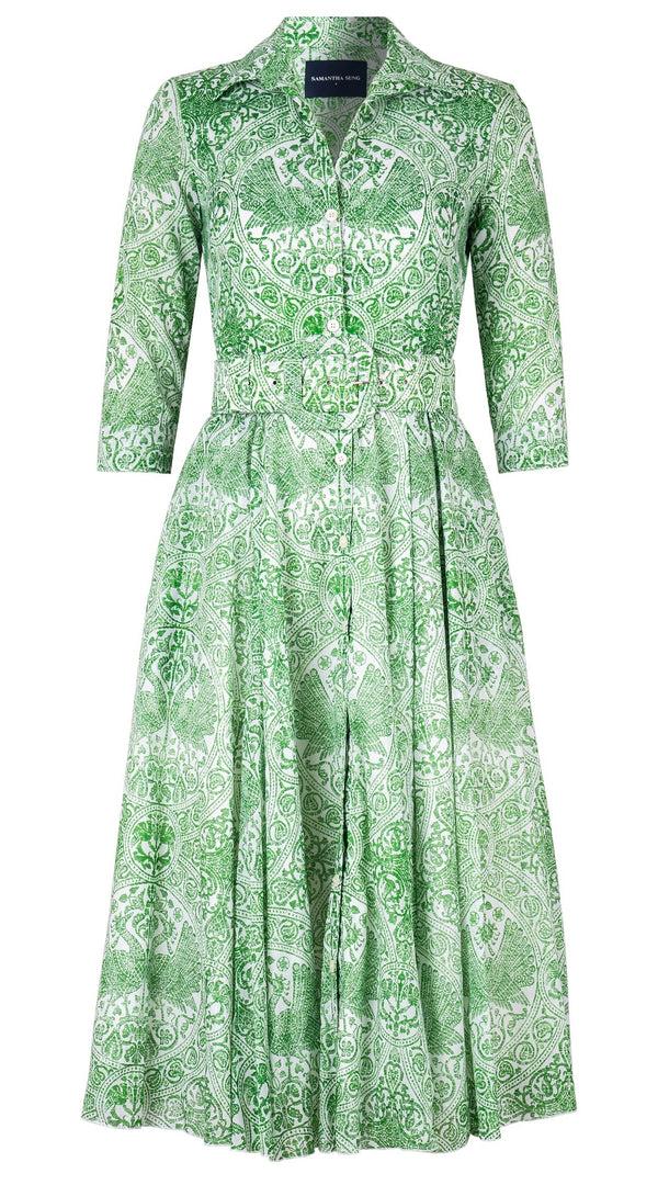 samantha sung Aster Dress Shirt Collar 3/4 Sleeve Midi Length Cotton Musola (Peacock Toile White)