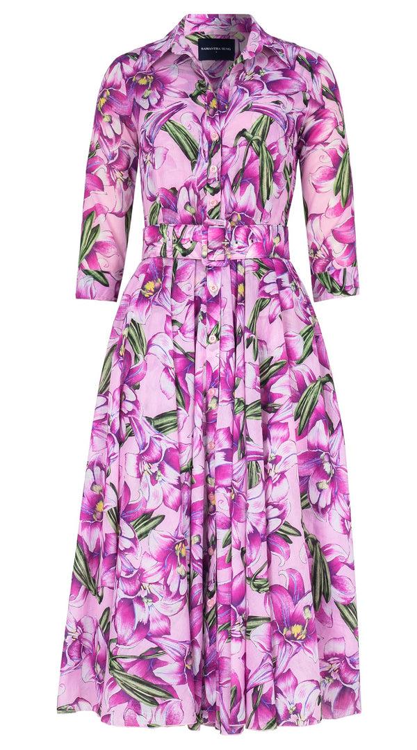 Samantha Sung Aster Dress Shirt Collar 3/4 Sleeve Midi Length Cotton Musola (Paper Lillies Ground)