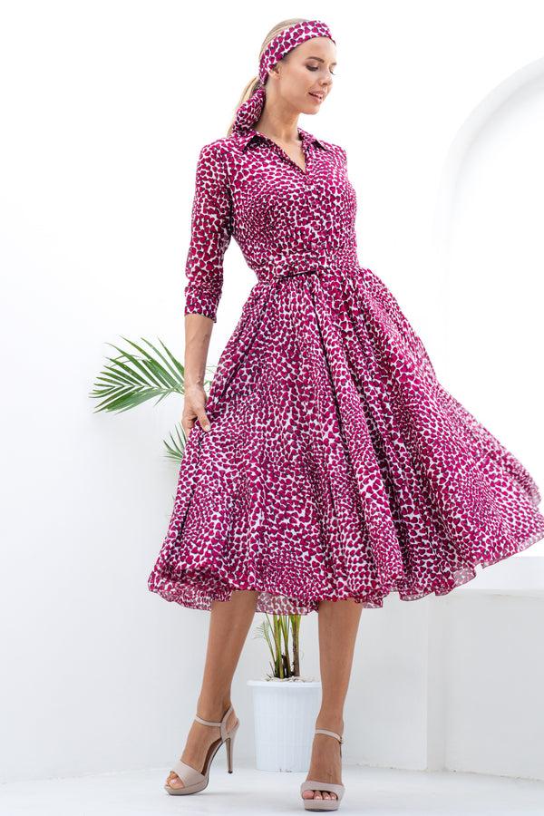 Samantha Sung Aster Dress Shirt Collar 3/4 Sleeve Midi Length Cotton Musola (Heart Wave)