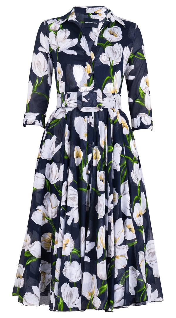 samantha sung Aster Dress Shirt Collar 3/4 Sleeve Midi Length Cotton Musola (White Tulip)