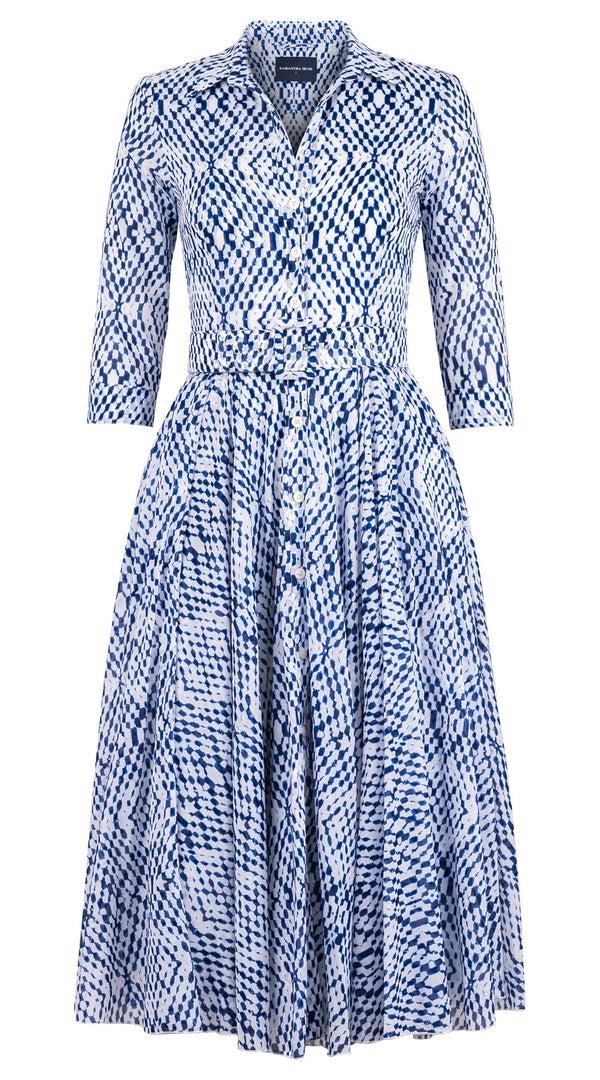 samantha sung Aster Dress Shirt Collar 3/4 Sleeve Midi Length Cotton Musola (Shibori Nara Diamond)
