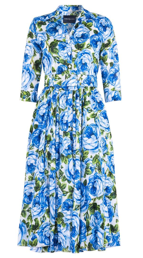 Samantha Sung Aster Dress Shirt Collar 3/4 Sleeve Midi Length Cotton Musola (Queen Bee Rose White)