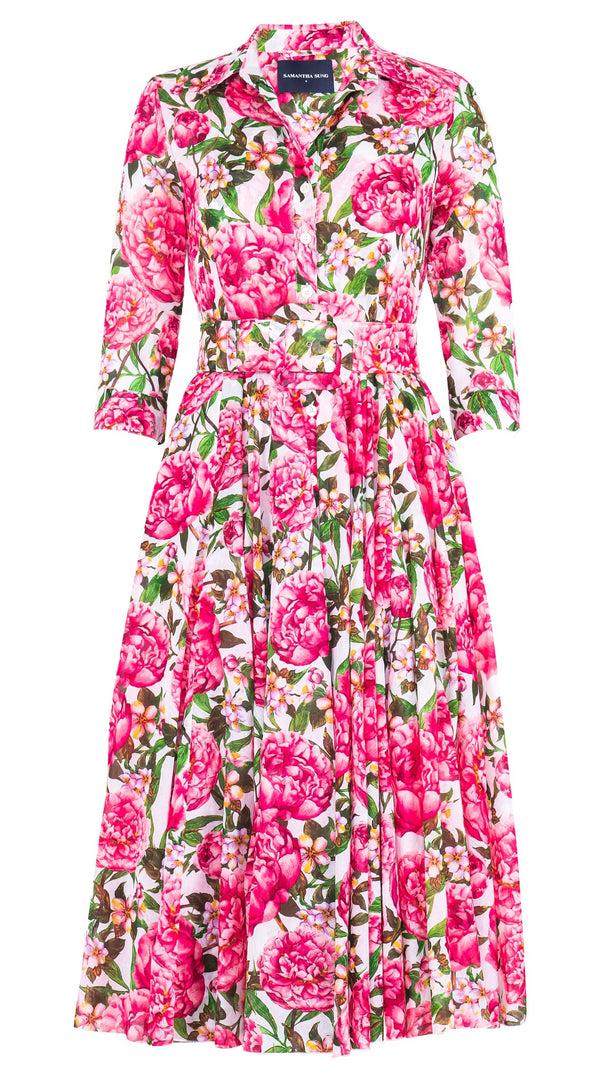 samantha sung Aster Dress Shirt Collar 3/4 Sleeve Midi Length Cotton Musola (Pink Peony)