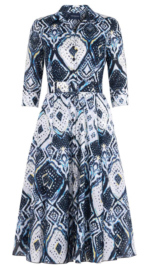 samantha sung Aster Dress Shirt Collar 3/4 Sleeve Midi Length Cotton Musola (Tie Dye Maldives Ivory)