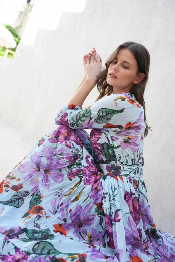 Samantha Sung Aster Dress Shirt Collar 3/4 Sleeve Midi Length Cotton Musola (Gogh Summer)