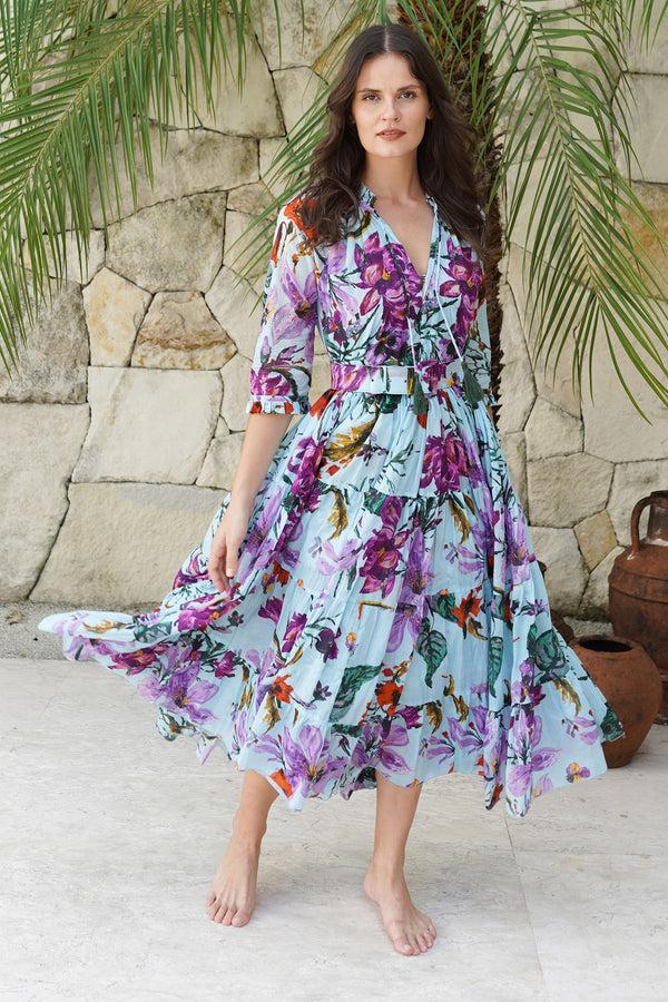 Samantha Sung Aster Dress Shirt Collar 3/4 Sleeve Midi Length Cotton Musola (Gogh Summer)